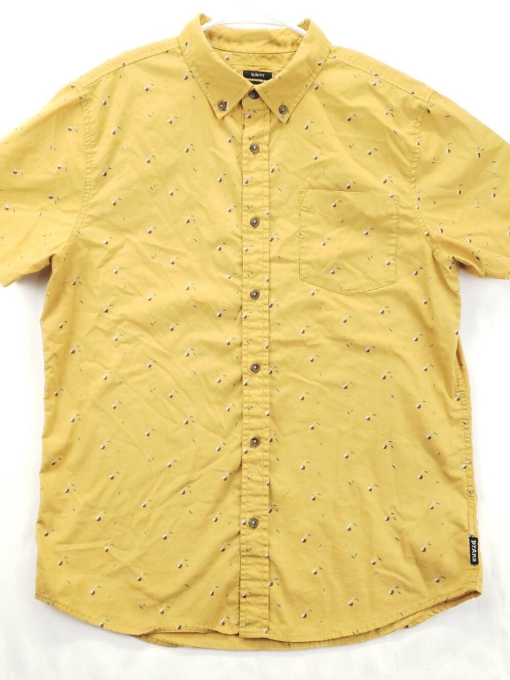 Prana Shirt Mens Medium Yellow Organic Cotton Short Sleeve Slim Fit Button-Up
